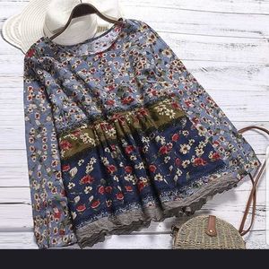 BOHO BLUE FLOWERS PATCH UP blouse